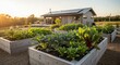 © Hamster - Raised garden bed with green vegetable in front of wooden house with solar panel. Sustainable living at country farm. Organic vegetable growth and rural lifestyle at sunset in summer.