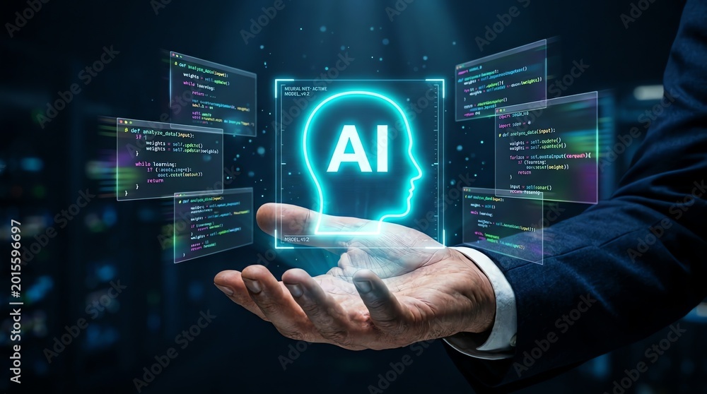 Human hand presenting a glowing holographic artificial intelligence ...