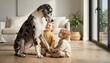 © antuanetto - Gentle great dane with children sitting together in a sunlit home, representing a friendship and bonding concept for animals and pets in a modern family lifestyle setting