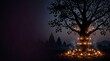 © suriyani - Spiritual Bhaumvati Amavasya Observance featuring Sacred Peepal Tree Silhouette with Glowing Diya Oil Lamps in a Mystical Devotional Atmosphere
