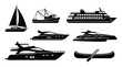 © Gennyson Marinho - Collection of diverse watercraft silhouettes including sailboat fishing boat ferry yachts and canoe