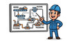 © arjuna davin - Cartoon engineer explaining industrial process diagram on whiteboard.