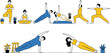 © MstRuna - Yoga and Mindfulness Practice Vector Set Featuring Male and Female Characters Performing Various Poses Including Tree Pose Side Plank and Warrior for Wellness Designs