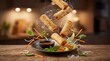 © พีระพล บุญนําเสถียร - Crispy spring rolls fly over dark plate with sauce. Appetizers with vegetables, carrot, cucumber, basil, noodles fill air, falling onto table. Food photography.