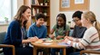 © Alva - An adult woman and four diverse children happily engaged in a group activity around a table in a bright room, fostering learning and social interaction.