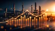 © emwe studio - Industrial production growth and energy market analysis concept showing glowing upward bar chart against sunset oil refinery background