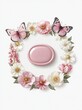 © LubSabai Studio - Watercolor Floral Wreath with Pink Butterflies and Central Oval Label on White Background
