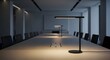 © MDNAZMUL - Modern led desk lamp glowing on a long conference table in a dark corporate boardroom at night