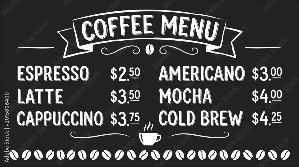 vector illustration of a coffee shop menu on a black chalkboard ...