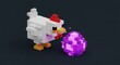 © Lim - Blocky pixel art chicken curiously pecking at a glowing purple crystal egg in a digital game environment