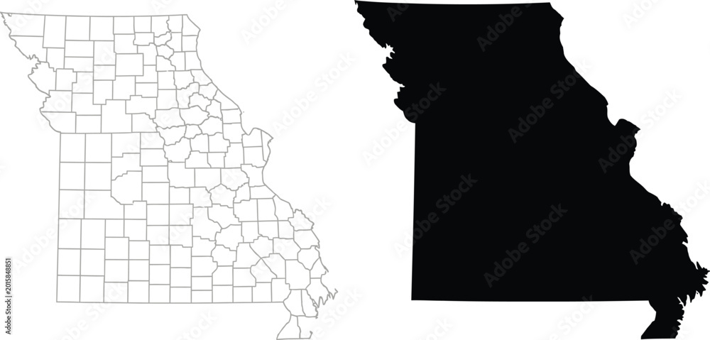 Missouri state map outline with county borders and solid silhouette ...