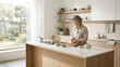 © Niny - Happy Asian lady standing with coffee mug at home office