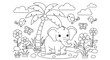 © Ter - Cute Baby Elephant and Palm Tree Coloring Page for Kids.