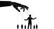 © ClipsByAnderson - Robotic hand controlling human figures like puppets with strings in a black and white illustration