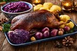 © Gabi D - Gänsebraten als Weihnachtsessen auf rustikalem Tisch mit Rotkohl und Klößen, traditionelles deutsches Festessen