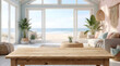 © Stocknetic Pro - Empty wooden table product podium for display on blurred bright coastal living room beach ocean view background jpg