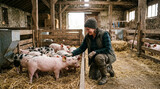 Farmer Working in Pig Farm Agricultural Concept