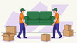 © Drawingbox - Professional movers carrying a green sofa with cardboard boxes on moving day