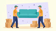 © Drawingbox - Two movers transporting a sofa and boxes during a residential relocation