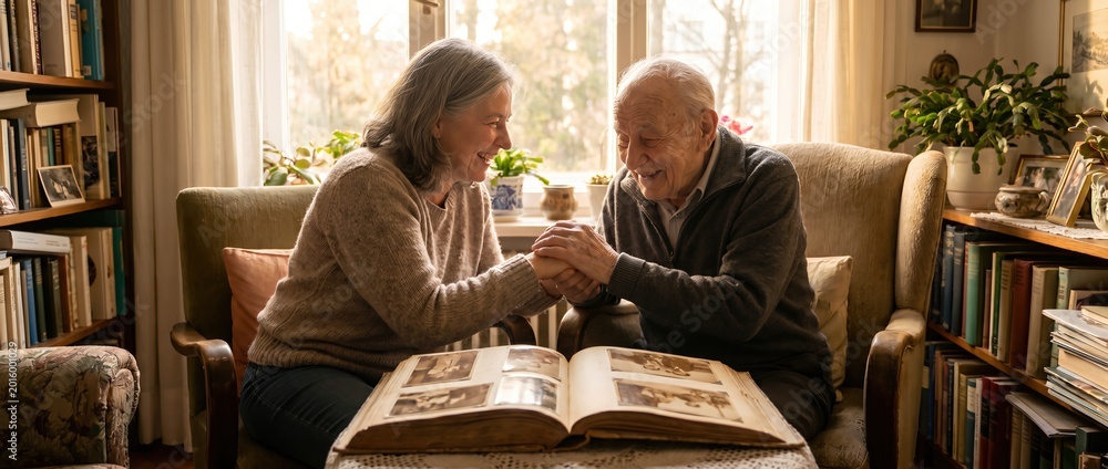 Elderly woman and man holding hands while looking at open photo album ...