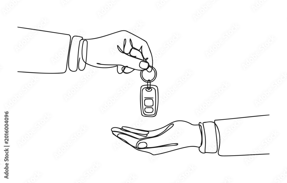 Continuous one line drawing car seller hand giving key and alarm system ...