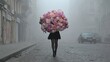 © naira - Person shrouded in massive bouquet walks down foggy, cobblestone street
