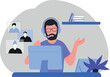 © Александр Филяшин - A modern man works from home, participating in an online conference or webinar. He's wearing headphones in front of a laptop in the comfort of his own home. Ideal for remote work and freelancing