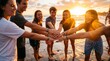 © Sofia - Happy Friends Huddle Hands Together Beach Sunset Summer Vacation Joyful Friendship Bonding