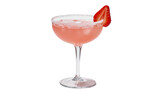 Pink strawberry margarita cocktail with sugar rim and fresh strawberry slice, isolated on transparent background