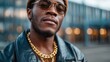 © svastix - A stylish man with sunglasses and a leather jacket exudes confidence, showcasing modern fashion against a blurred urban backdrop filled with soft lights.