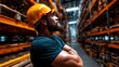 © svastix - This image shows a confident construction worker in a hard hat and safety gear, standing in a warehouse, embodying strength, professionalism, and dedication to the trade.
