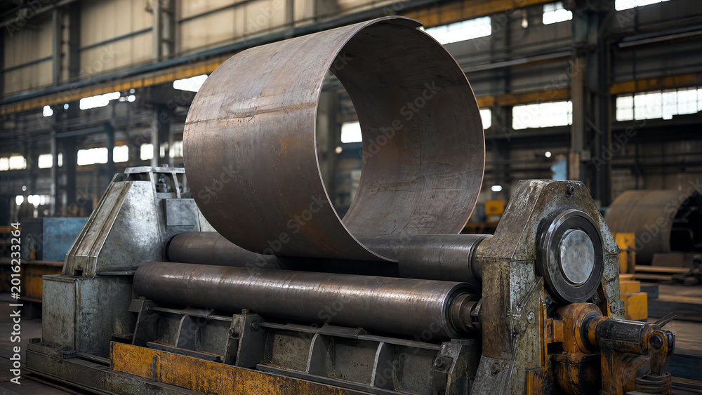 Photoreal industrial editorial photograph of four-roll plate rolling ...