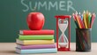 © 69 - Red apple on colorful books with hourglass and colored pencil jar