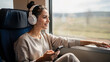 © Thanawadee - Smiling Female Traveler Listening to Music and Looking out Train Window