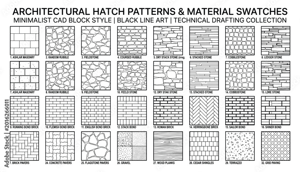 Architectural hatch patterns material swatches vector minimalist cad ...