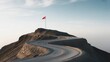 © シャキルスタジオ - Winding mountain road leading to a red flag at the summit representing success and goal