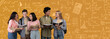 © Prostock-studio - A diverse group of five students stands together, holding math and science books. They are in a classroom with drawings of formulas and equations on the wall. They appear engaged and interested.