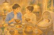 © MASARU - ダイニングで若い夫婦が食事をしながら、隣の籠で眠る赤ちゃんを見守る、温かい新しい家族の食卓の水彩イラスト。