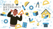 © Creative Creating - Vector illustration of a businessman raising arms in celebration surrounded by measurement and real estate icons on a light background.