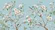 © Katerina Bond - Illustrated flowering branches with small colorful birds and butterflies create an elegant vintage botanical scene on pale blue.