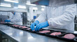 © VisionFlux Studio - Factory worker in protective clothing packaging raw meat portions on a conveyor belt in a food processing plant.