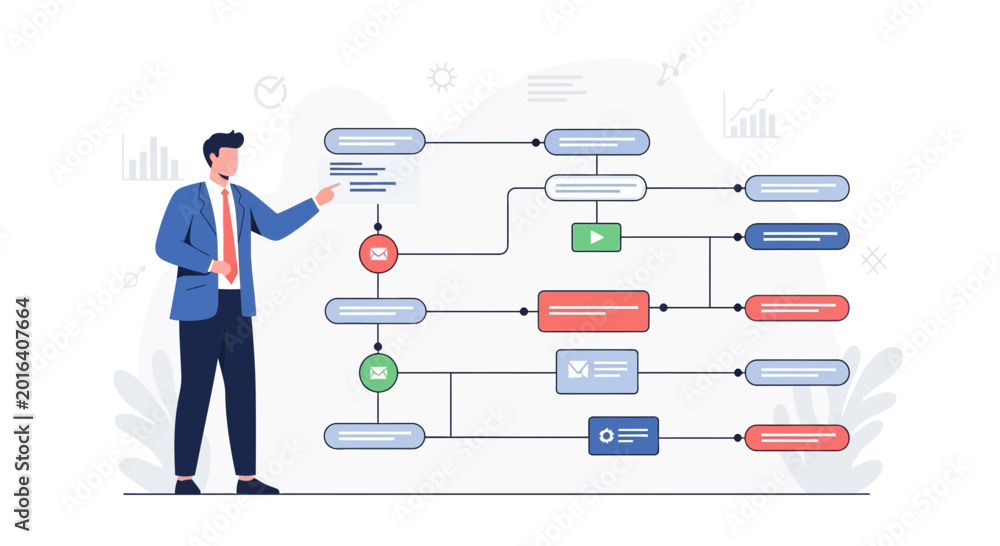 Business man presenting flowchart, strategy planning, workflow diagram ...