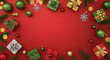 © MdJilu - Christmas gifts and ornaments on red background with pine branches