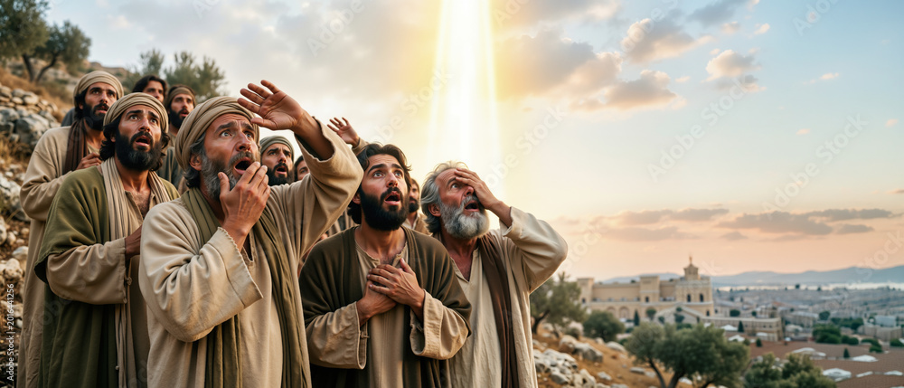 Biblical scene of disciples witnessing the ascension. Men in ancient ...