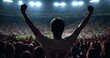 © oksa_studio - Silhouette of fan with arms raised cheering team after successful game in a large, illuminated stadium with a crowd