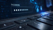 © MdEmajuddin - Close up of a digital password entry screen with binary code and keyboard detail