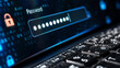 © MdEmajuddin - Digital cybersecurity concept showing a locked padlock icon and password entry field on a screen with binary code