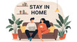 © Delbert - Young couple sitting on a sofa in a living room while staying home, with the man using a laptop and the woman holding a cup of coffee under text.