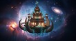 © G_Kawi - Château fantastique flottant dans l'espace au milieu de nébuleuses et de structures cosmiques