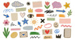 © aura studio - Funky doodle scrapbook collage stickers with crayon scribbles, arrows, crowns, stars and craft paper cutout elements. Hand drawn retro journal shapes and squiggle vector illustration